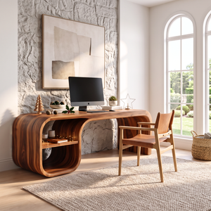 Sculptural Curved Solid Wood Desk With Open Shelf For Home Office