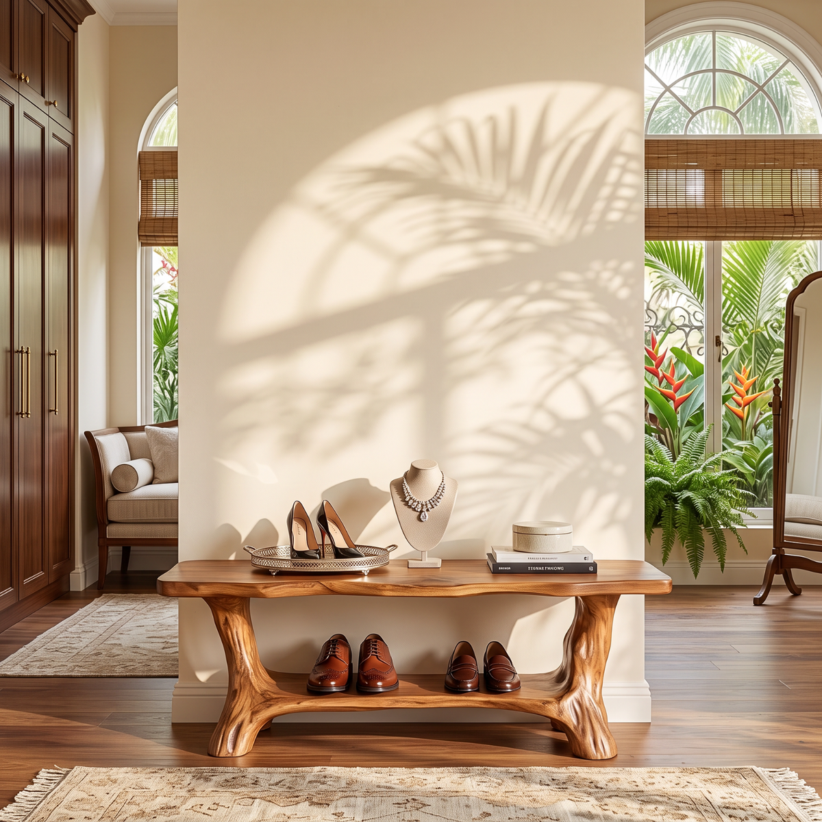 Sculptural Solid Wood Shoe Bench with Curved Supports and Open Storage Shelf
