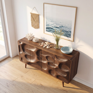 Organic Carved Front Solid Wood Sideboard Cabinet for Living and Dining Rooms