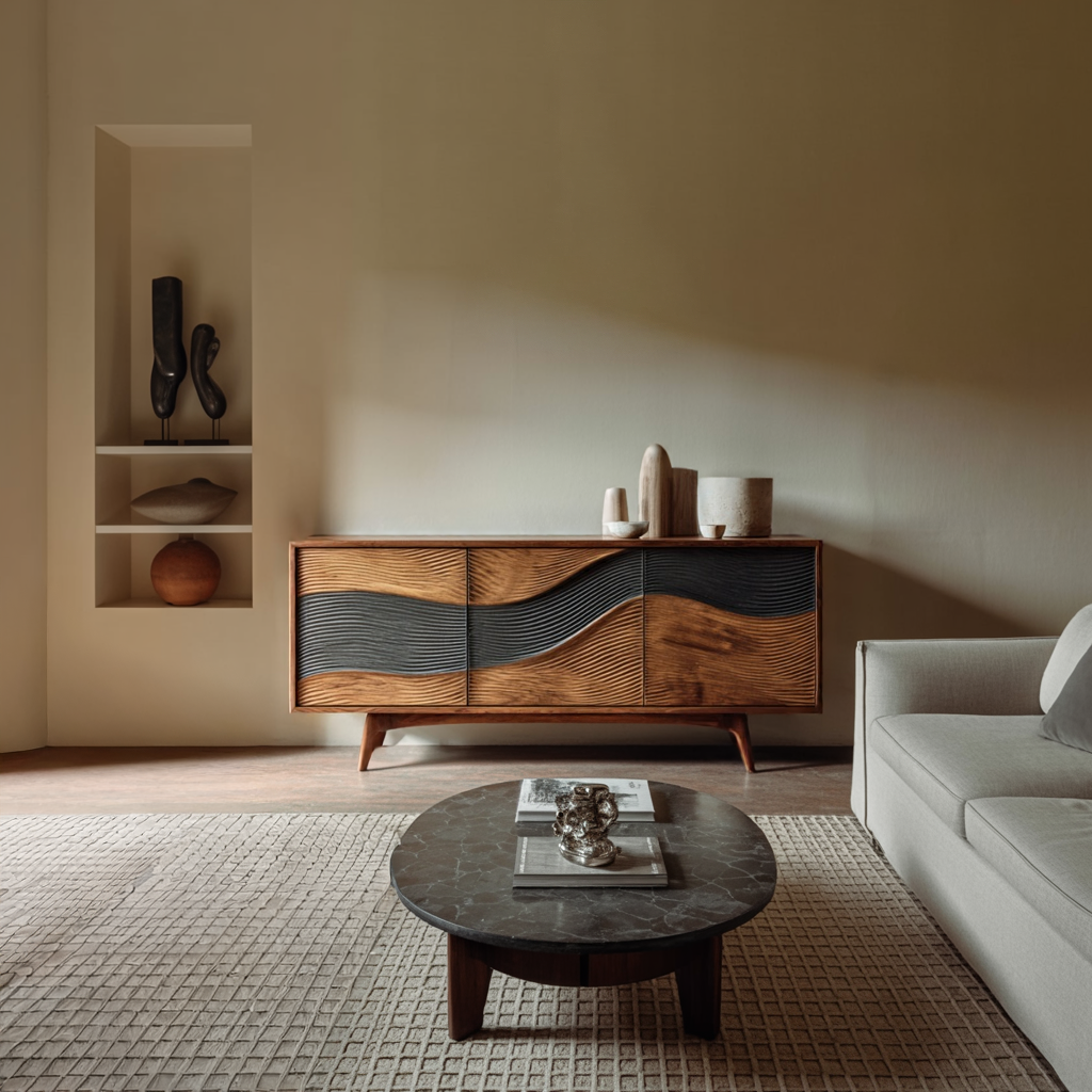 Solid Wood Sideboard with Sculpted Wave Front Modern Artistic Storage Buffet Cabinet for Living Room