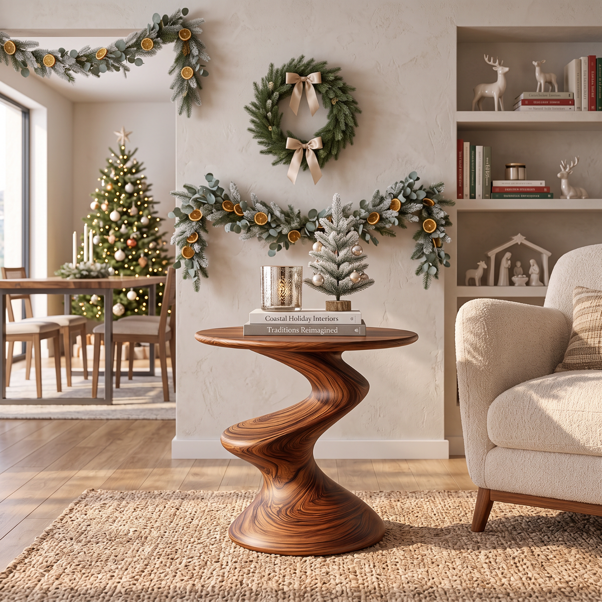 Sculptural Solid Wood Side Table with Twisted S Curve Pedestal Base