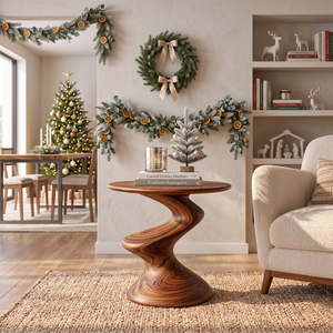 Sculptural Solid Wood Side Table with Twisted S Curve Pedestal Base