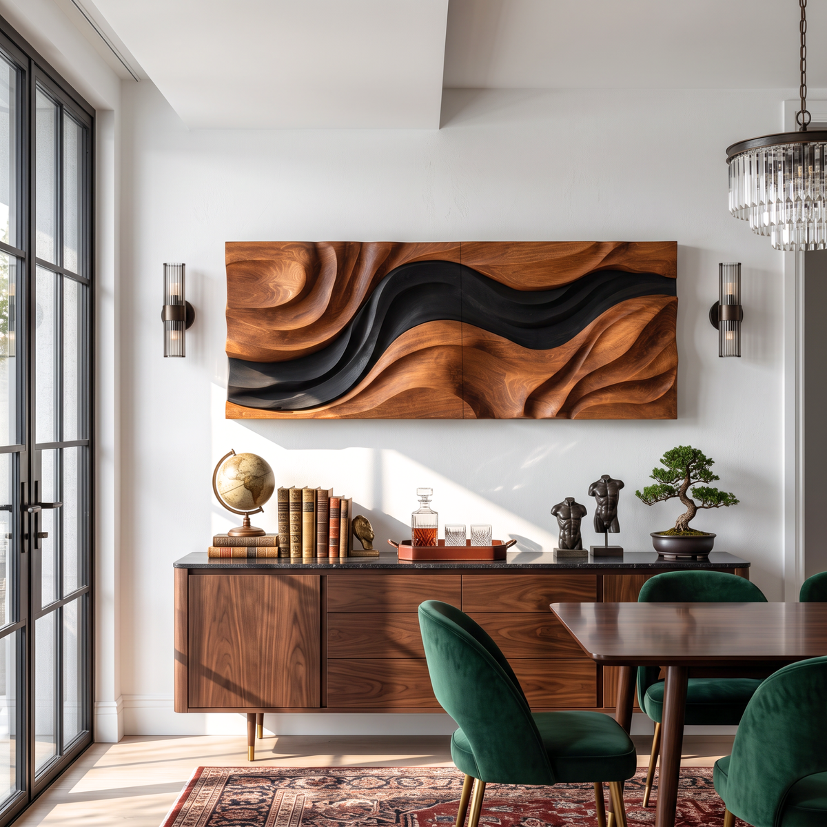 Wall Sculpture Abstract Tides with Flowing Black and Natural Wood Layers