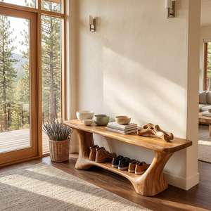 Handcrafted Solid Wood Shoe Bench with Open Storage Shelf