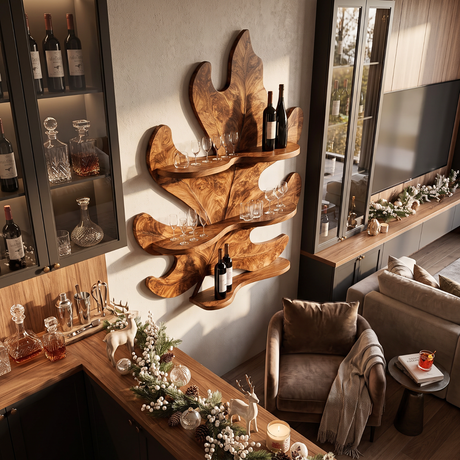 Tropical Leaf Solid Wood Wine Rack with Sculptural Wall Shelves