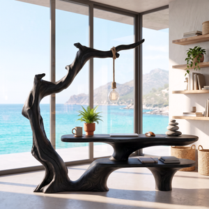 Sculptural Work Desk Tree Inspired Design with Hanging Lamp Organic Modern Workspace Table