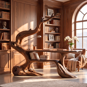 Handcrafted Sculptural Wood Desk with Hanging Light, Tree Inspired Writing Table, Artistic Statement Workspace