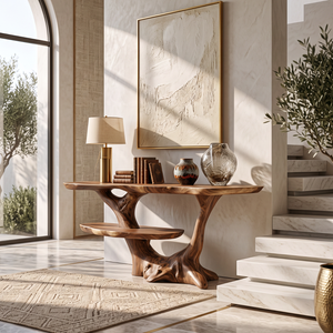 Sculptural Solid Wood Console Table with Organic Root Frame and Display Shelf