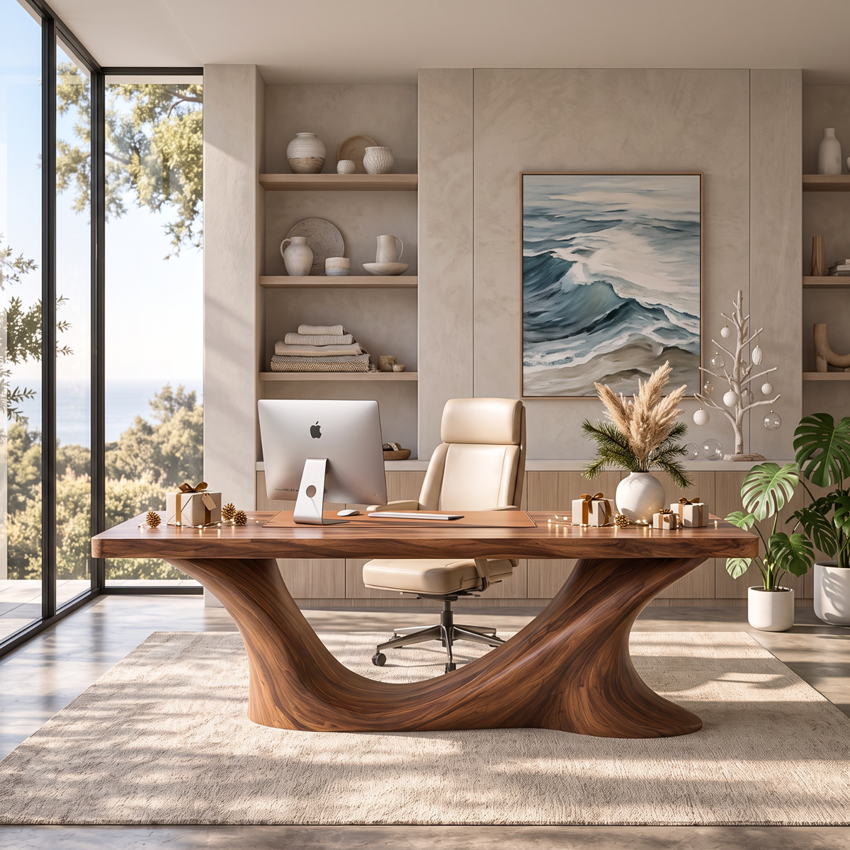 Handcrafted Solid Wood Executive Desk with Sculptural Wave Base