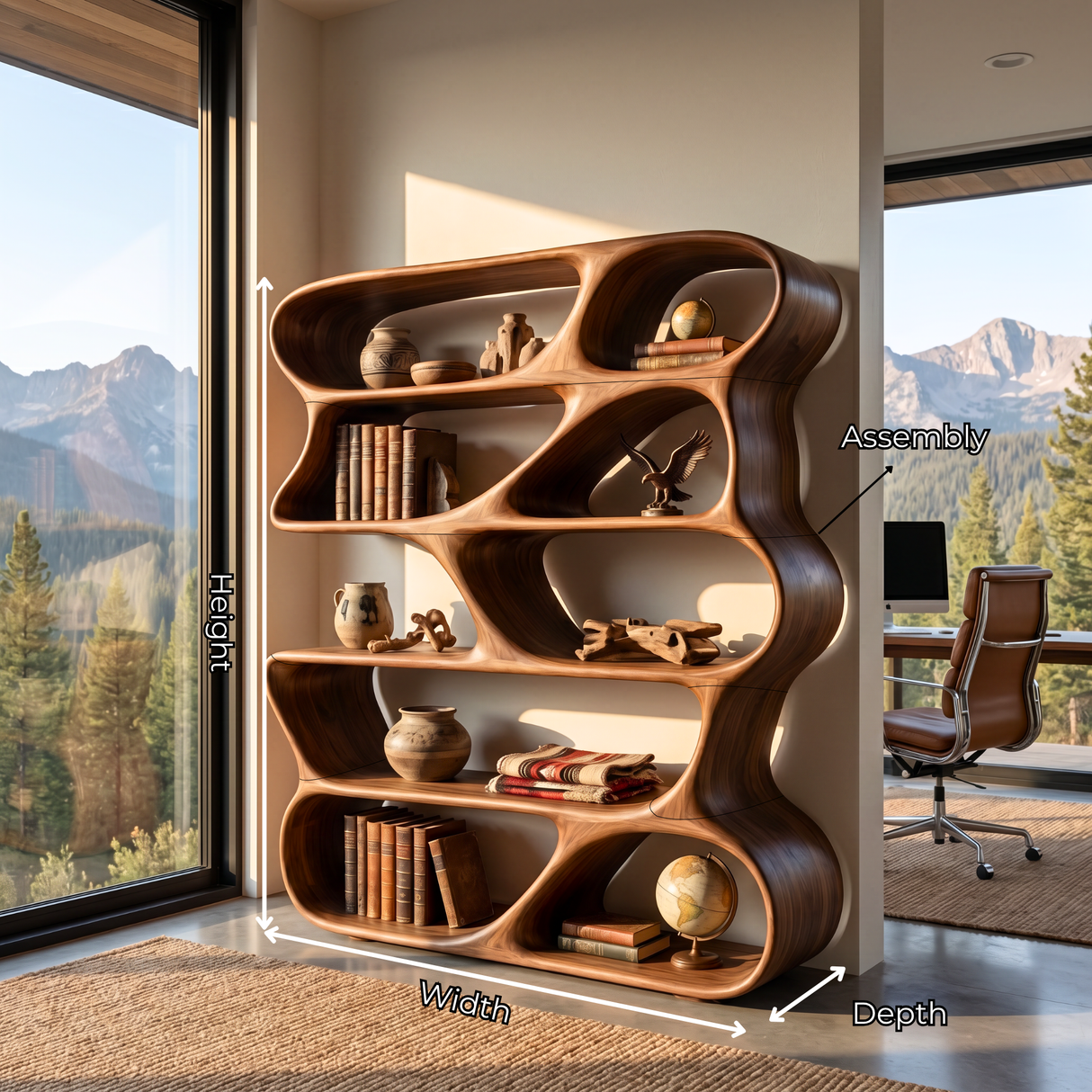 Organic Sculptural Bookshelf Handmade Modern Wooden Display Shelf Contemporary Storage Unit
