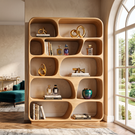 Rounded Solid Wood Bookcase with Organic Grid Shelving and Open Display Compartments