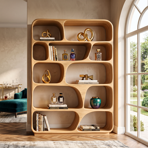 Rounded Solid Wood Bookcase with Organic Grid Shelving and Open Display Compartments