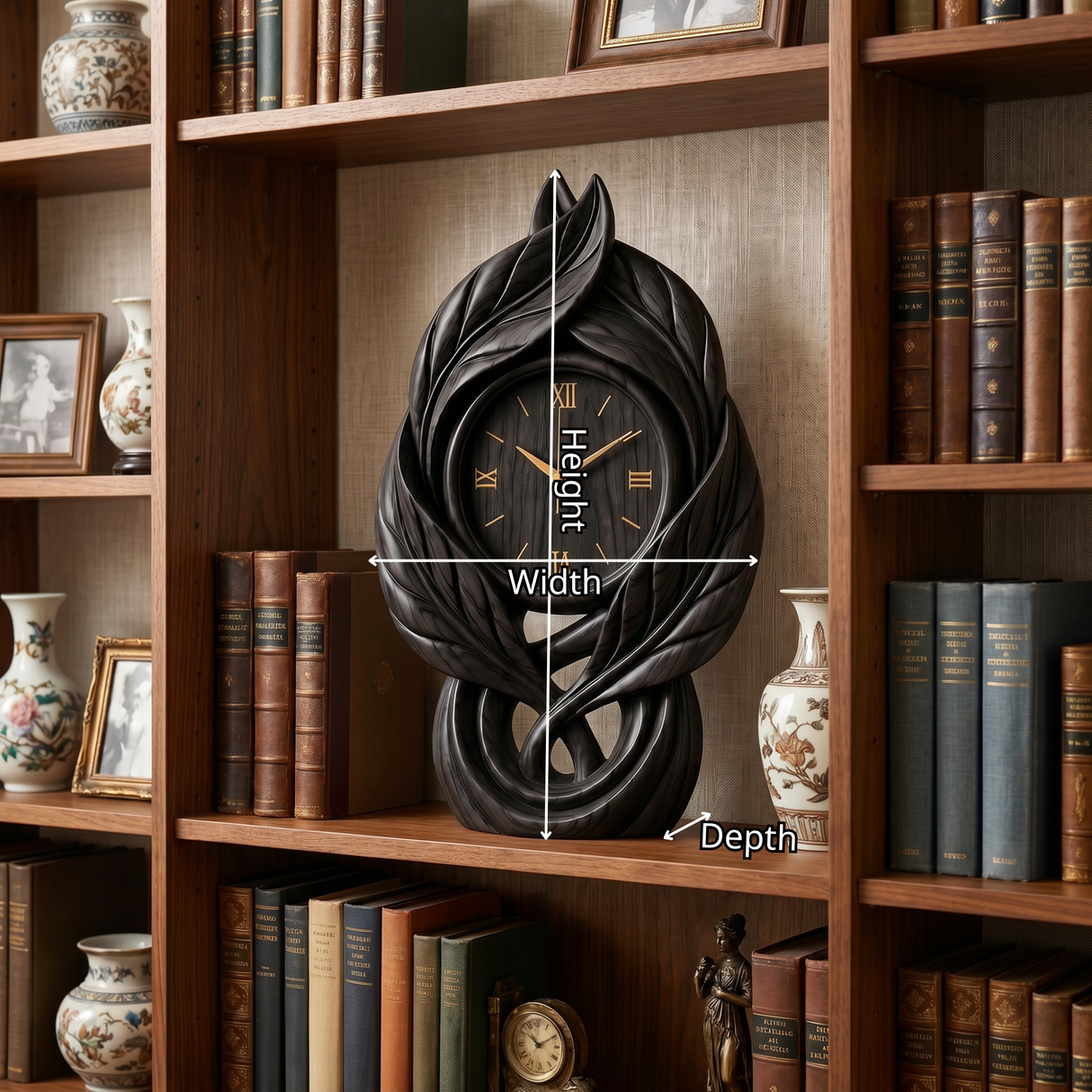 Solid Wood Table Clock with Leaf-Inspired Sculptural Frame