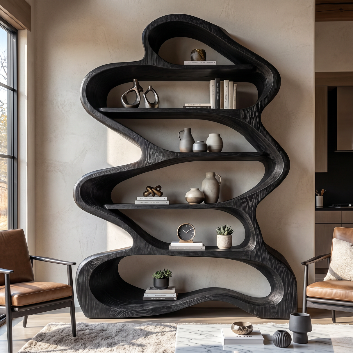 Bookshelf Solid Wood with Sculptural Layered Loop Frame and Open Display Shelves