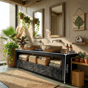 Wood Double Bathroom Vanity with Carved Wave Drawers and Open Shelf