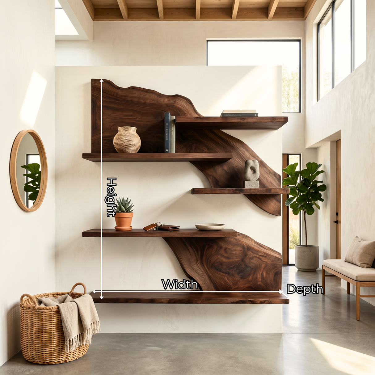 Live Edge Wooden Bathroom Shelf Handmade Floating Solid Wood Wall Storage Organizer