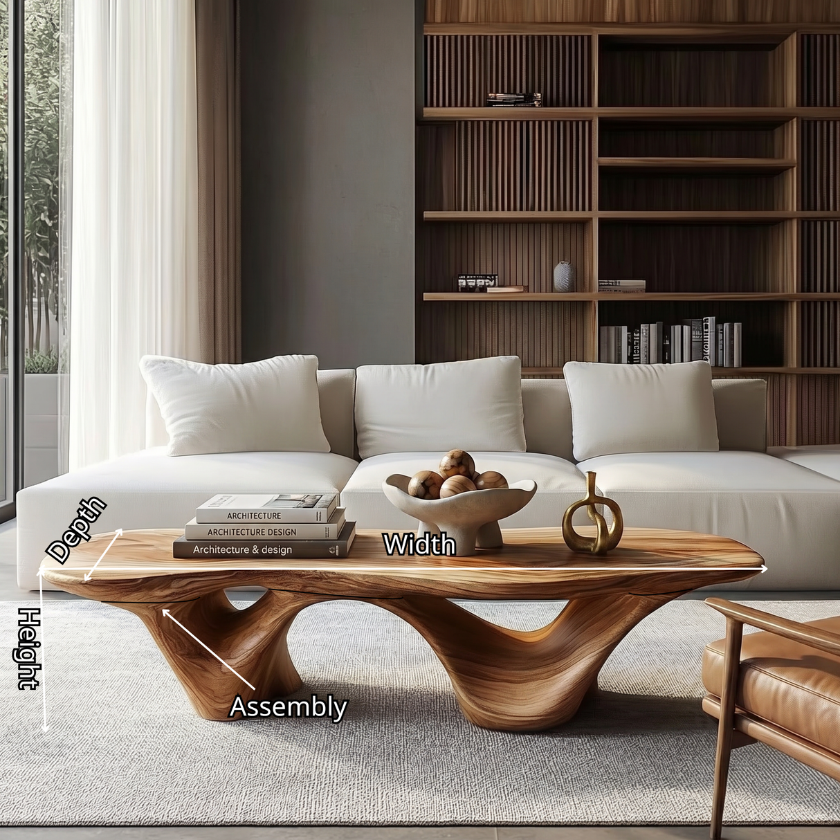 Coffee Table Solid Wood with Triple Hollow Sculptural Base for Living Room