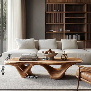 Coffee Table Solid Wood with Triple Hollow Sculptural Base for Living Room