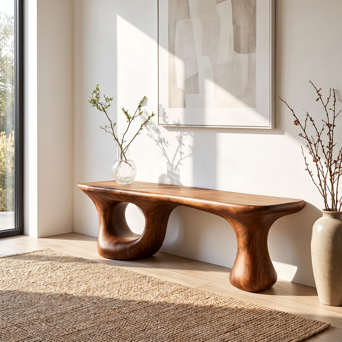 Bench Solid Wood with Sculptural Loop and Pedestal Base with Flowing Live Edge Seat