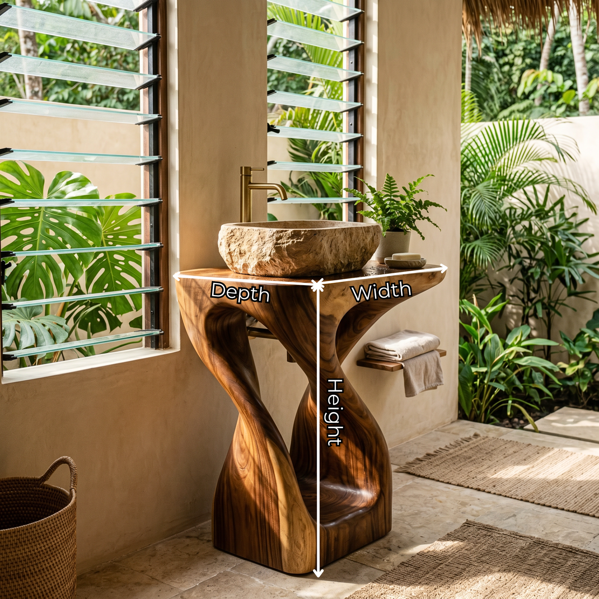 Organic Twisted Solid Wood Pedestal Sink Vanity with Sculptural Flow Form