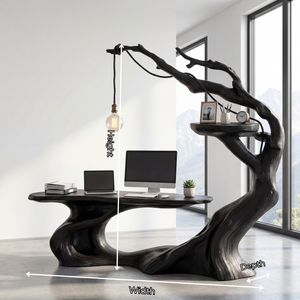 Organic Solid Wood Desk with Hanging Light Tree Inspired Writing Table Sculptural Modern Workspace