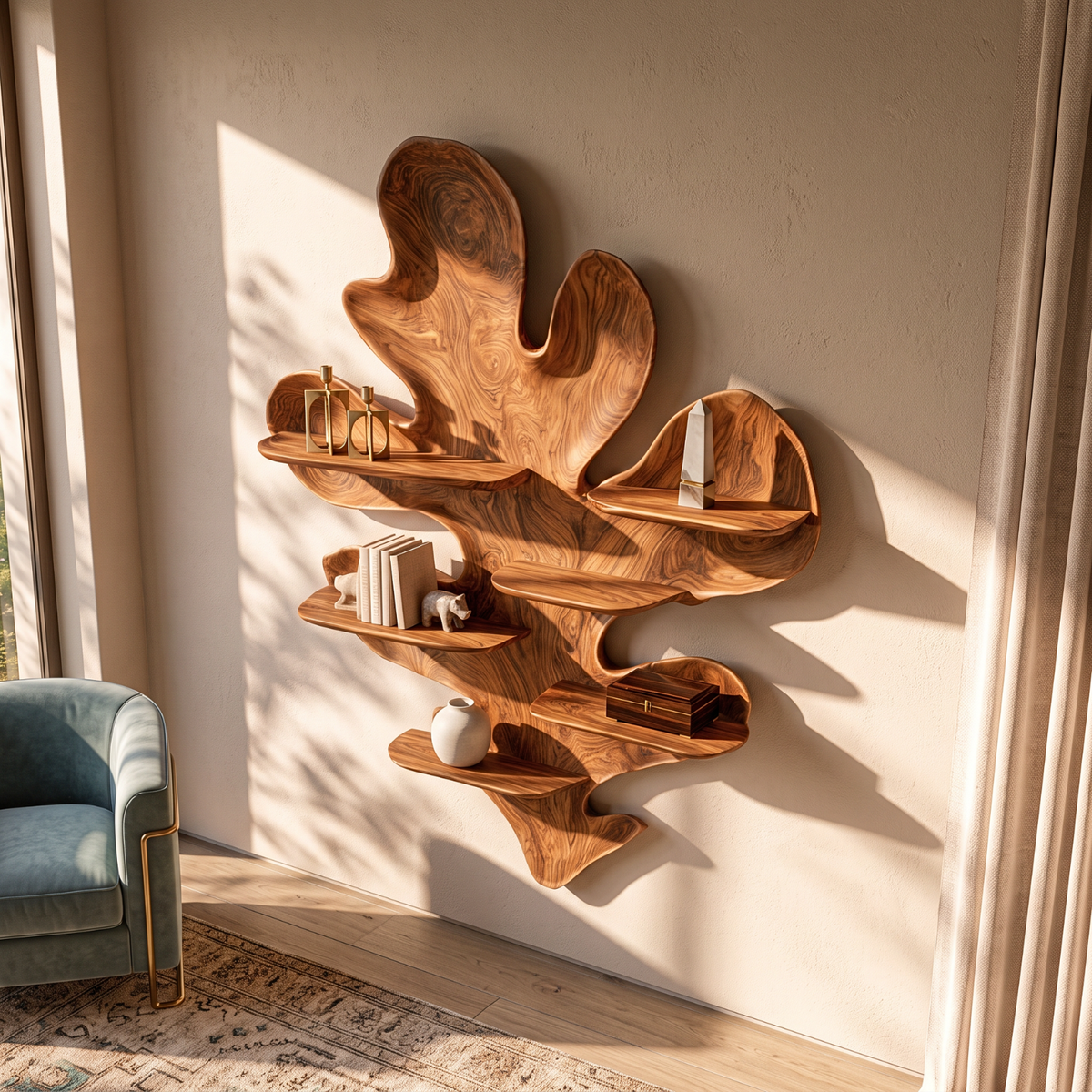Solid Wood Leaf Sculpture Wall Shelf for Living Room, Organic Wall Mounted Display Decor