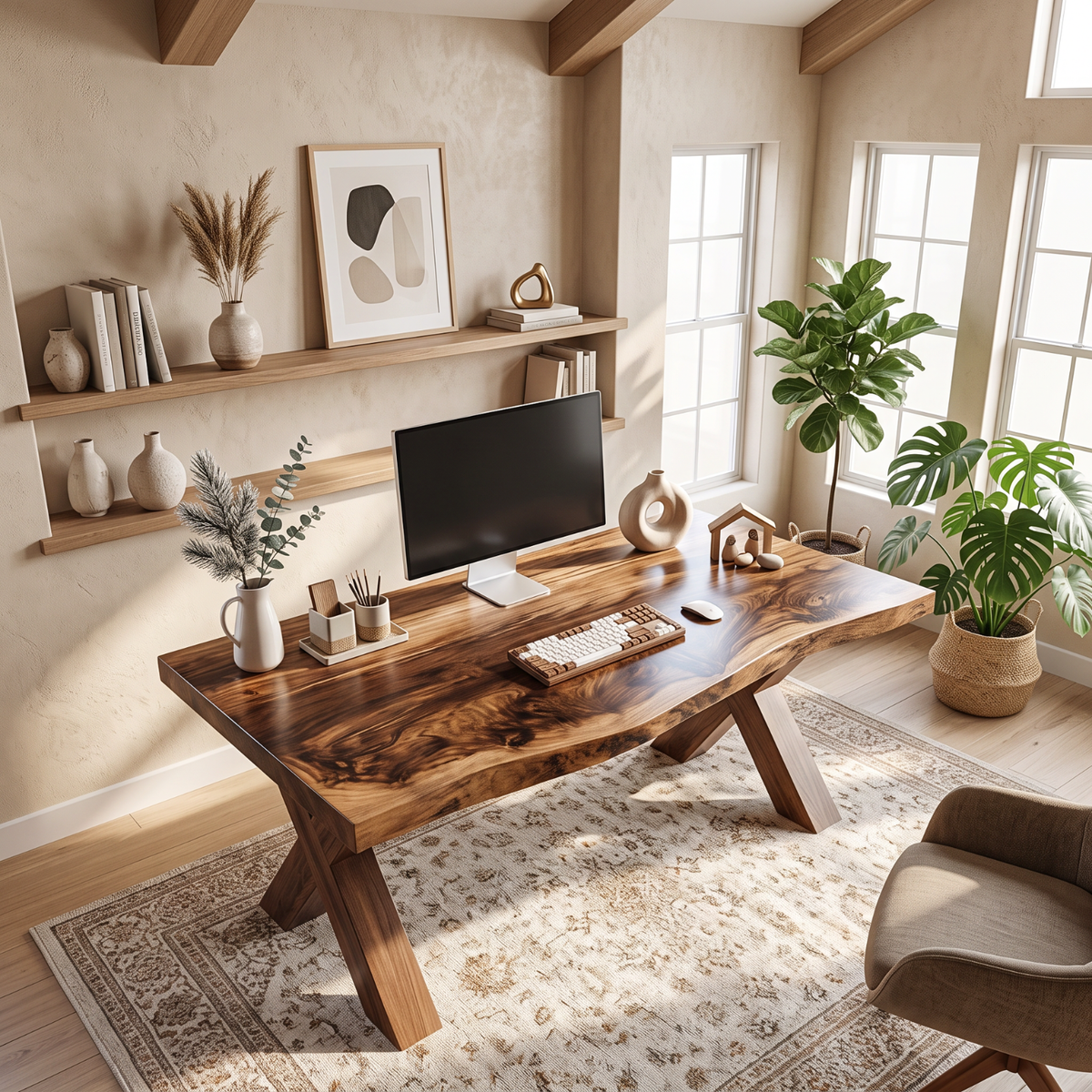 Live Edge Solid Wood Desk with Sculptural X Legs for Home Office