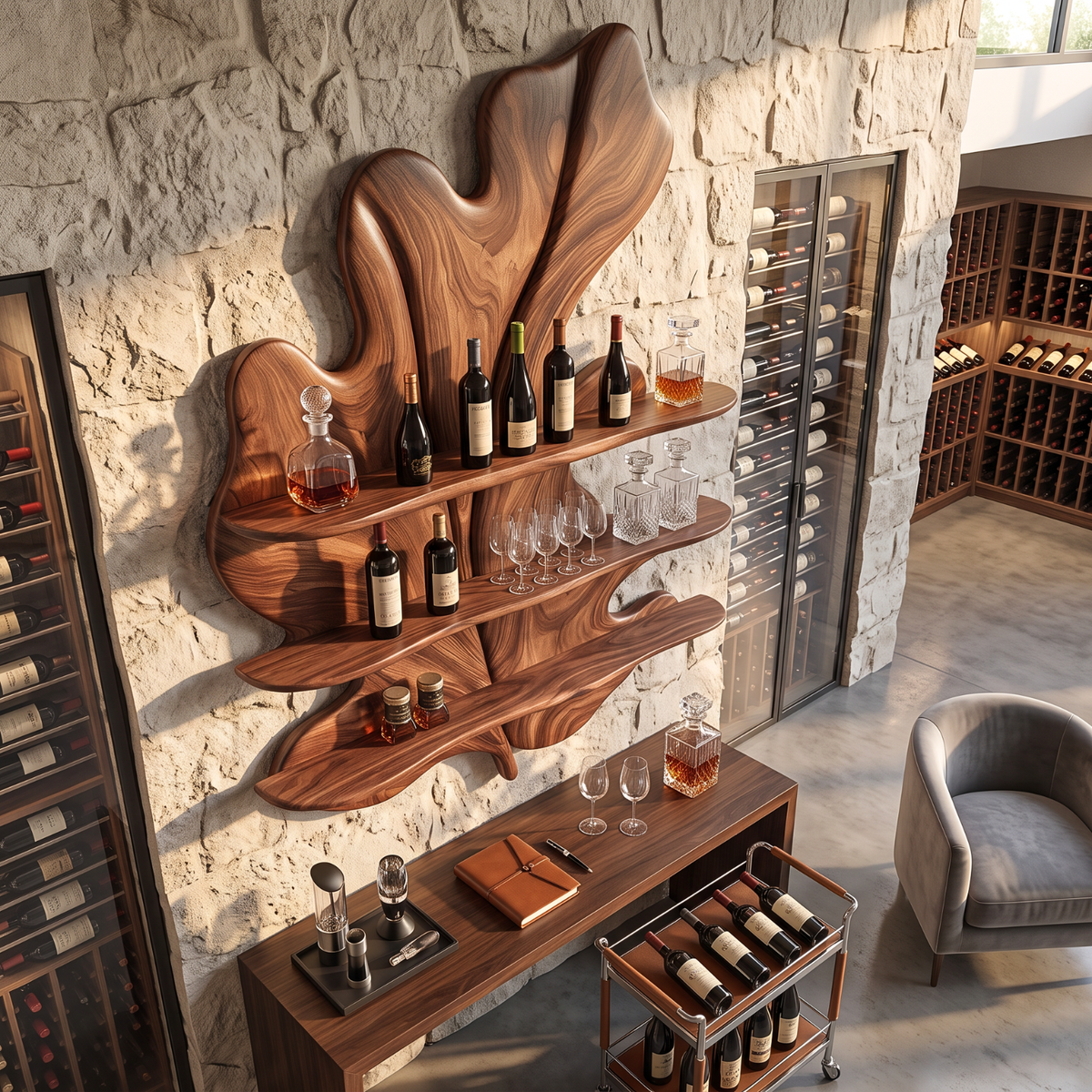 Tropical Leaf Solid Wood Wall Wine Holder with Three Display Shelves