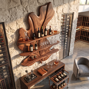 Tropical Leaf Solid Wood Wall Wine Holder with Three Display Shelves