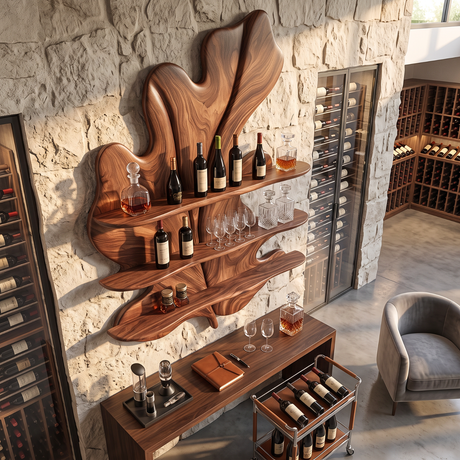 Tropical Leaf Solid Wood Wall Wine Holder with Three Display Shelves