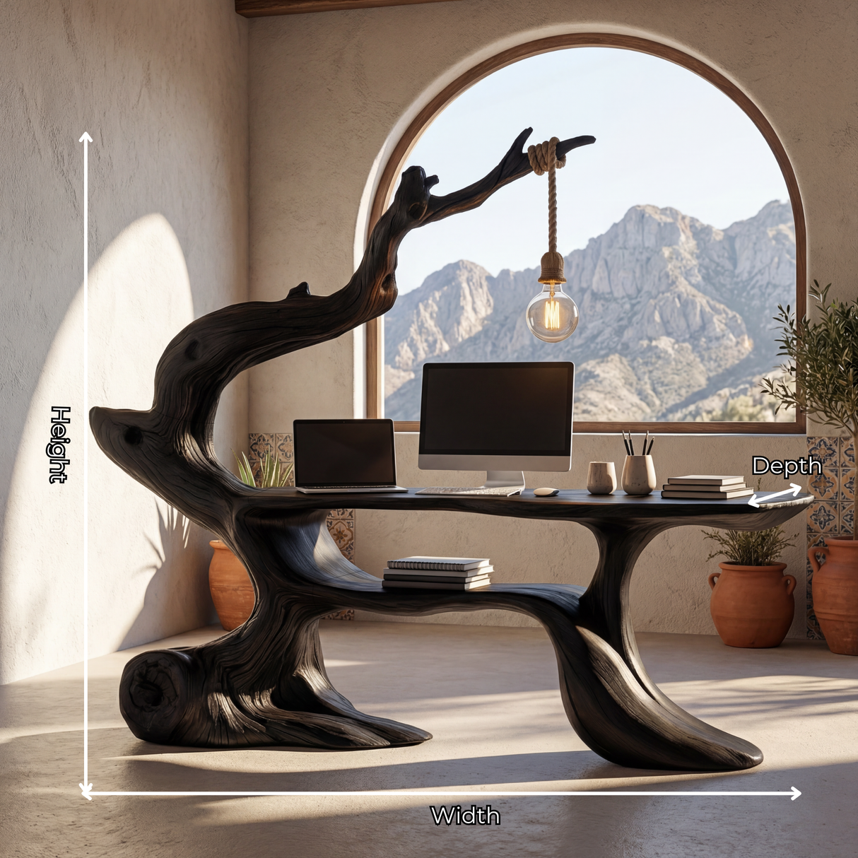 Handcrafted Sculptural Wood Desk with Hanging Light, Tree Inspired Writing Table, Artistic Statement Workspace