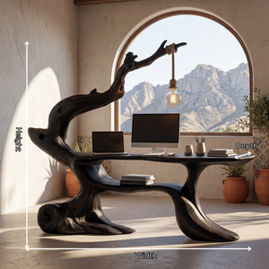 Handcrafted Sculptural Wood Desk with Hanging Light, Tree Inspired Writing Table, Artistic Statement Workspace