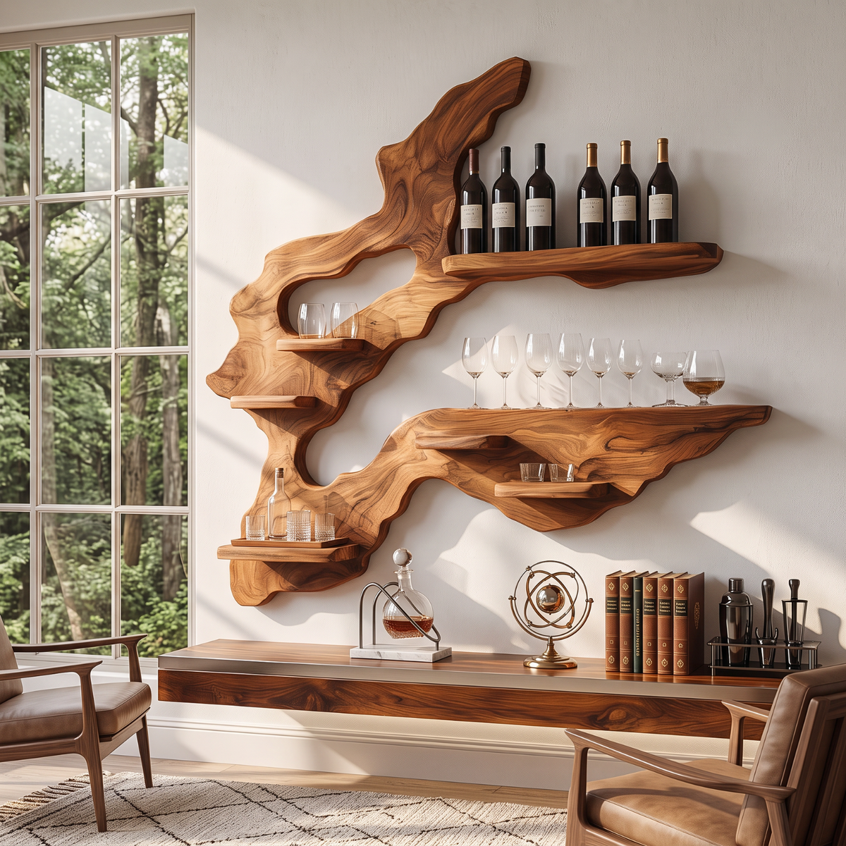 Asymmetrical Root Sculpture Solid Wood Wall Wine Rack with Display Shelves