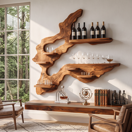 Asymmetrical Root Sculpture Solid Wood Wall Wine Rack with Display Shelves