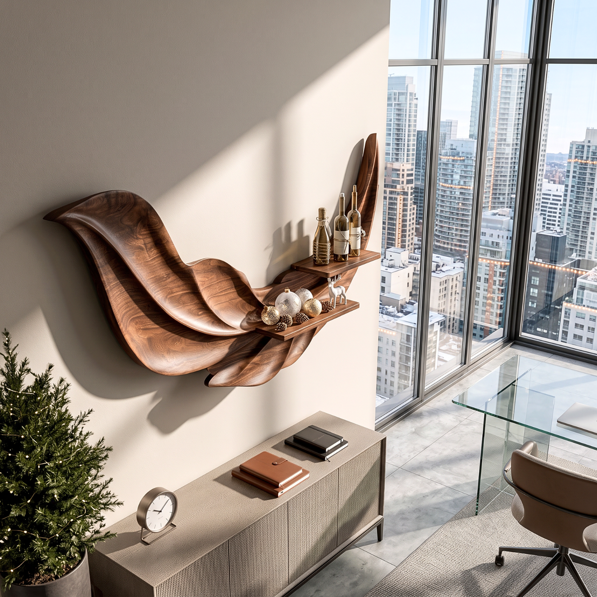 Sculptural Feather Wall Mounted Wine Holder in Solid Wood with Display Shelves