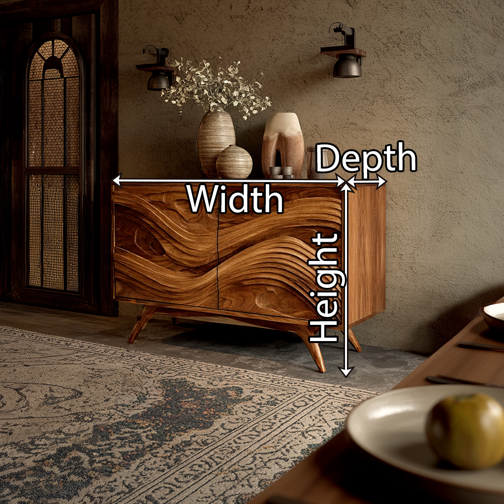 Carved Solid Wood Sideboard with Layered Wave Design Modern Rustic Storage Buffet Cabinet for Living Room