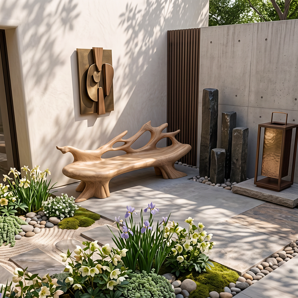 Sculptural Outdoor Solid Wood Bench with Flowing Branch Backrest