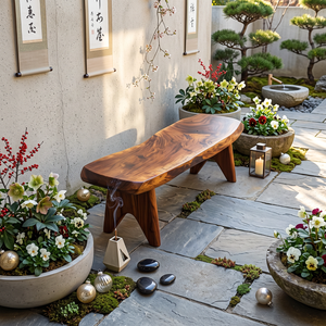 Live Edge Solid Wood Outdoor Bench with Sculptural Tapered Legs
