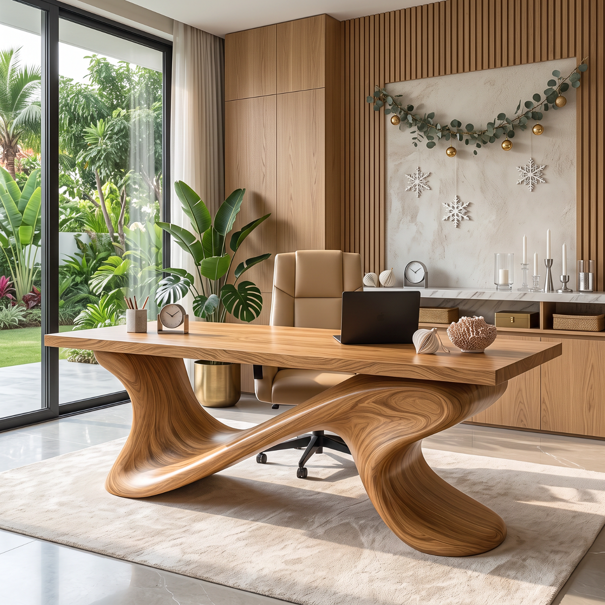 Sculptural Solid Wood Executive Desk with Flowing Cross Base