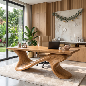Sculptural Solid Wood Executive Desk with Flowing Cross Base