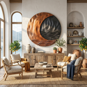 Solid Wood Circular Wall Sculpture with Crescent Wave Relief for Modern Interior Decor