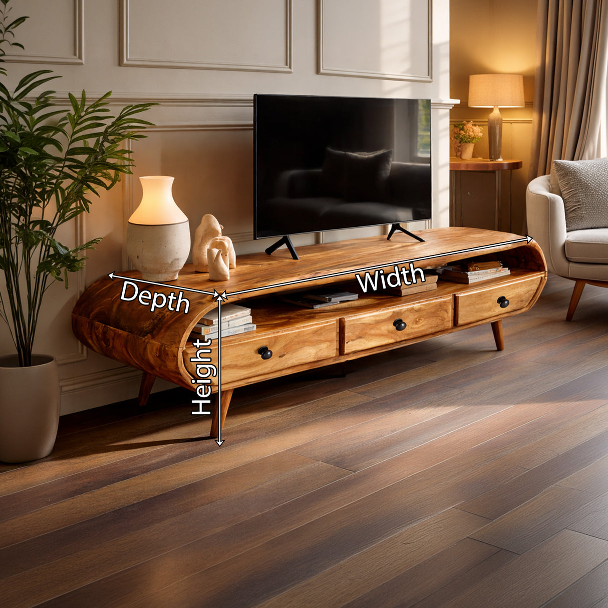 Organic Modern Curved Solid Wood TV Stand Handcrafted Natural Wood Media Console with Drawers