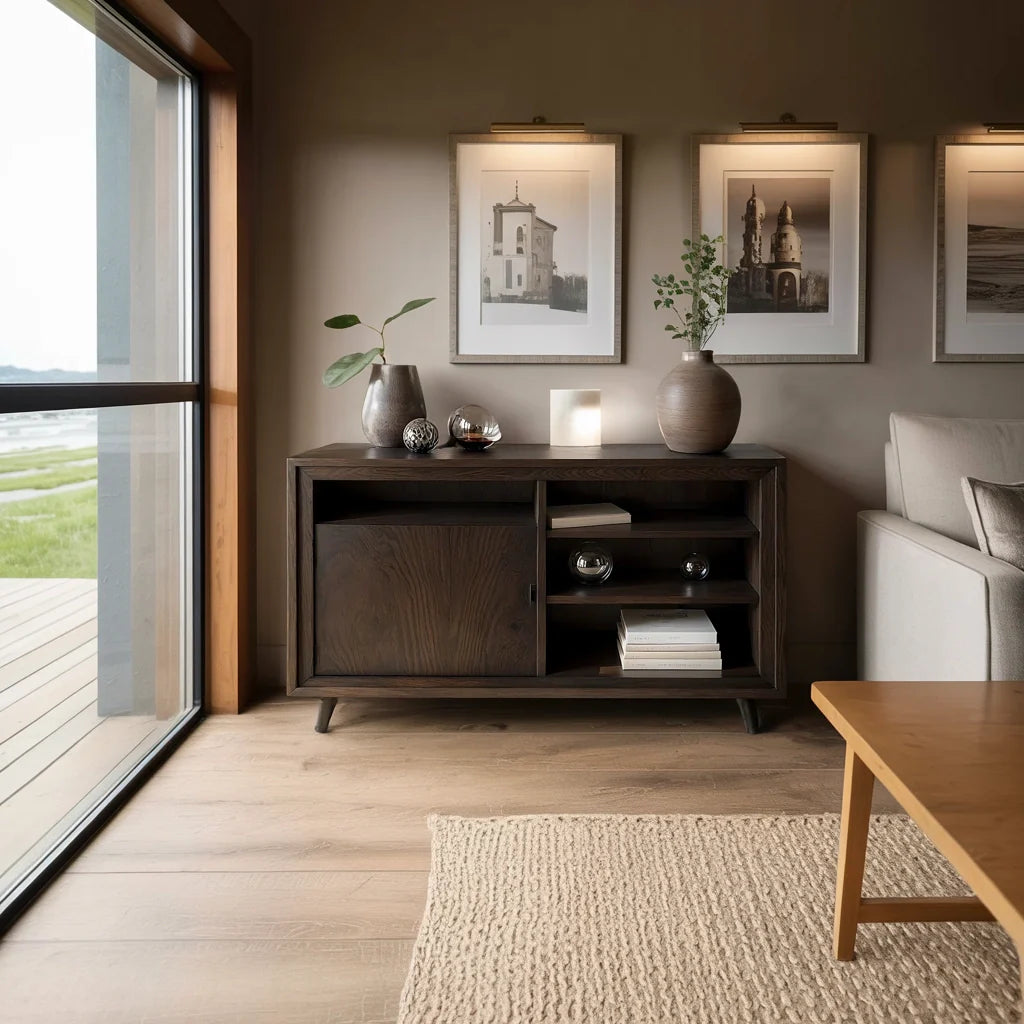 Dark Solid Wood Sideboard with Open Shelving for Modern Interiors