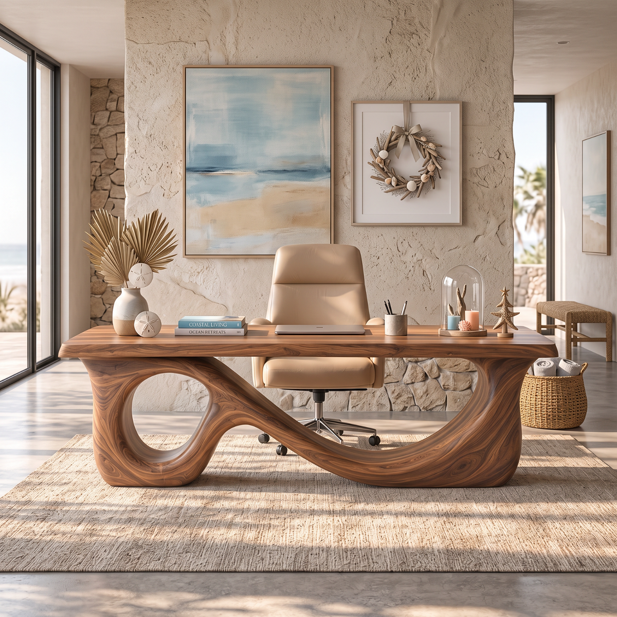 Organic Solid Wood Executive Desk with Sculptural Loop Base