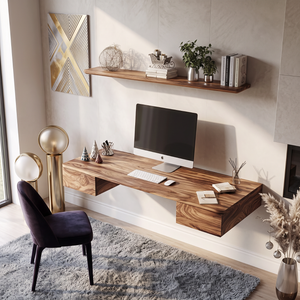 Wall Mounted Solid Wood Desk with Floating Drawers and Natural Wood Grain