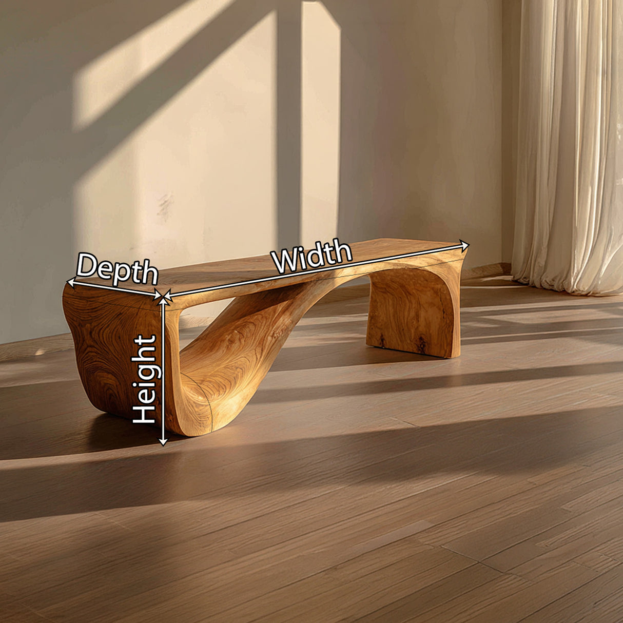 Handcrafted Organic Solid Wood Bench Sculptural Modern Minimalist Design