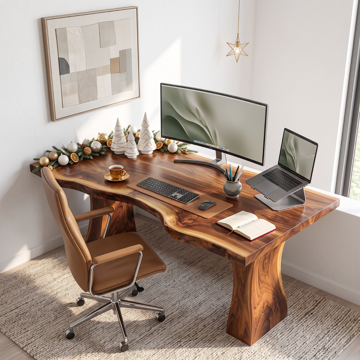 Handcrafted Live Edge Solid Wood Desk with Tapered Pedestal Legs