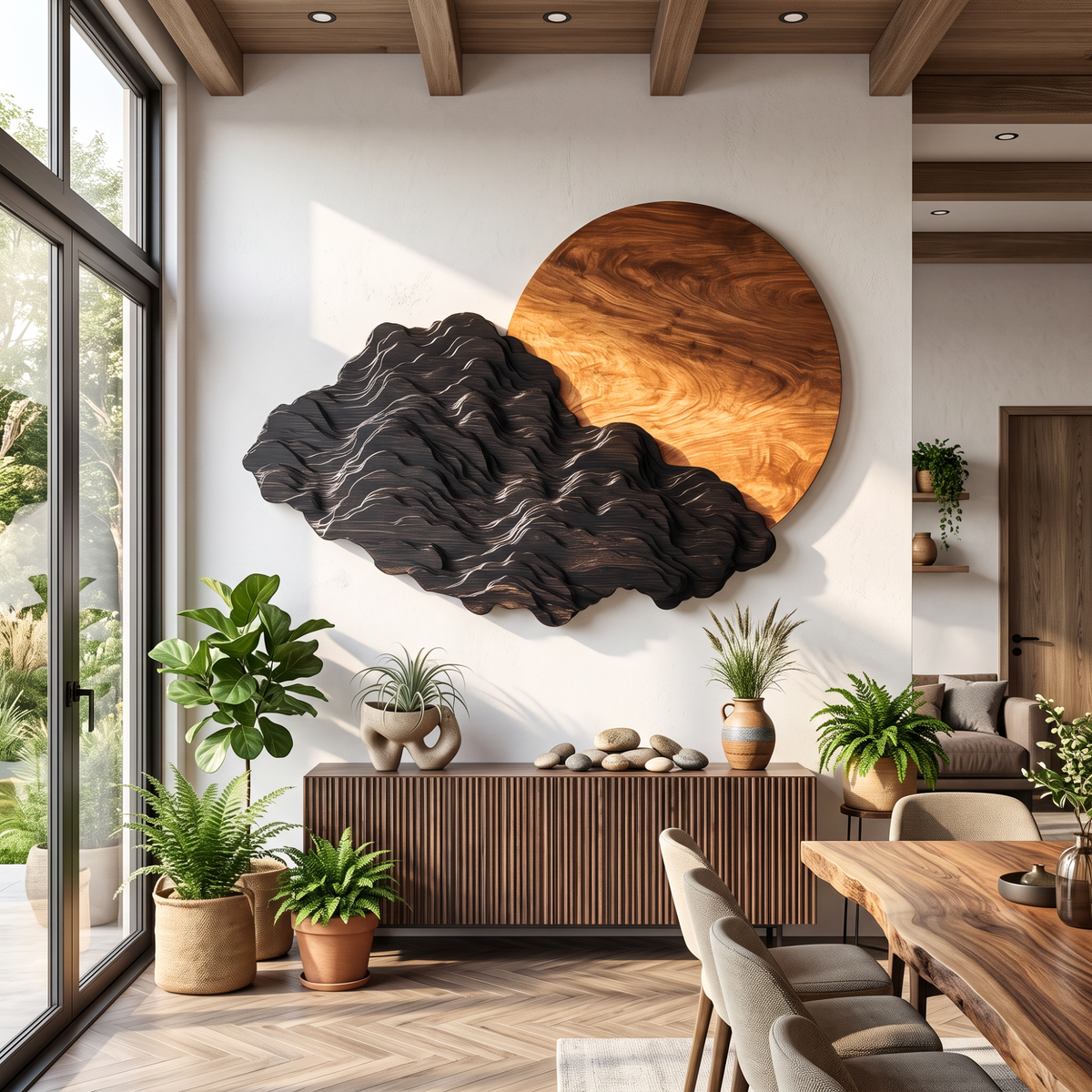Sculptural Wall Art with Black Mountain Layers and Oversized Natural Wood Sun