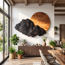 Sculptural Wall Art with Black Mountain Layers and Oversized Natural Wood Sun