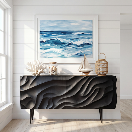 Sideboard Cabinet with Carved Wave Front for Modern Living and Dining Rooms